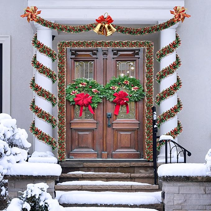 50 Feet Green Red Christmas Tinsel Garland Christmas Decorations for Xmas Tree Decor Metallic Twist Shiny Hanging Garlands for Tree Mantel Stairs Fireplace Home Indoor Outdoor Holiday Party Supplies