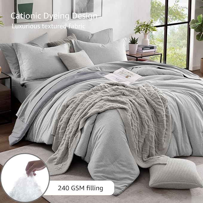 Monbix Queen Comforter Set - 7 Pieces Cationic Dyeing Light Grey Bed in a Bag Queen Bedding Sets with Comforter, Sheets, Pillowcases & Shams, Reversible Bedding Comforters Sets