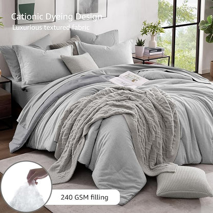 Monbix King Size Comforter Set, Grey Bed Set Reversible, King Size Comforter Set 7 Pieces, Cationic Dyeing Bed in a Bag with Comforter, Sheets, Pillowcases & Shams