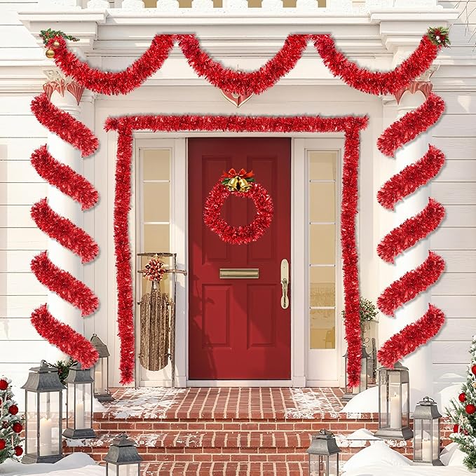 50 FT Red Christmas Tinsel Garland Christmas Decorations for Xmas Tree Decor, Shiny Metallic Twist Hanging Tinsel Garlands for Stairs Mantle Fireplace Home Indoor Outdoor Holiday Party Supplies