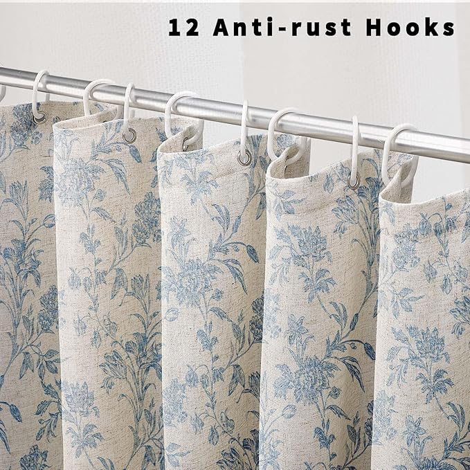 Blue Shower Curtain Floral Cotton Linen Cottagecore Shower Curtain for Bathroom 78" L x 72" W Long