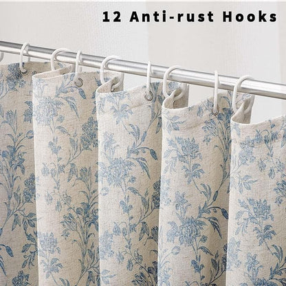 Blue Shower Curtain Floral Cotton Linen Cottagecore Shower Curtain for Bathroom 78" L x 72" W Long
