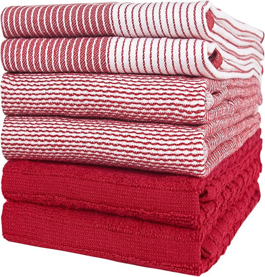 Premium Kitchen Towels 6 Pack Large Cotton Hand Towels Flat Terry Absorbent Tea Towels with Hanging Loop Red 20x28