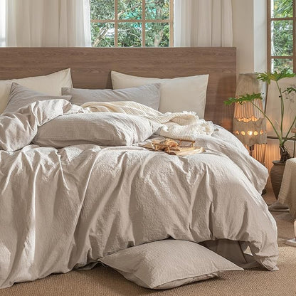 MooMee Wavy Striped Duvet Cover Set 100% Washed Cotton Linen Like Textured Breathable Durable Soft Comfy (Beige, Cal King 104"x98")