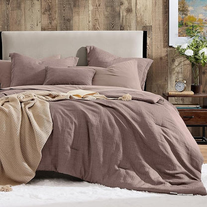 Geniospin Full Comforter Set - 7 Pieces Comforter Full Size, Solid Bedding Sets for All Season, Textured Bed in a Bag with Sheets, Pillowcases and Shams (Misty Rose, 80''x90'')