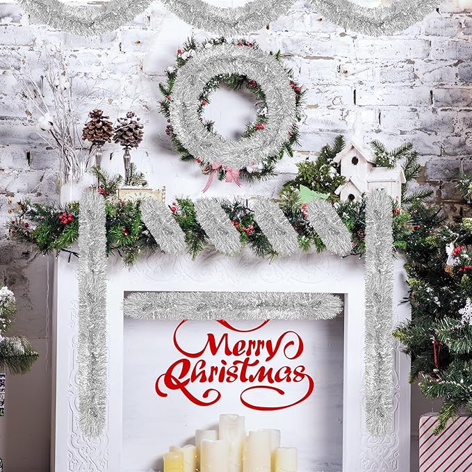 50 Ft Christmas Tinsel Garland Silver Thick Tinsel Garland Xmas Tree Decorations Metallic Tinsel Twist Garland for Christmas, Birthday, Party Decor Indoor Outdoor Party Supplies