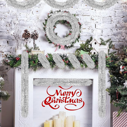 50 Ft Christmas Tinsel Garland Silver Thick Tinsel Garland Xmas Tree Decorations Metallic Tinsel Twist Garland for Christmas, Birthday, Party Decor Indoor Outdoor Party Supplies