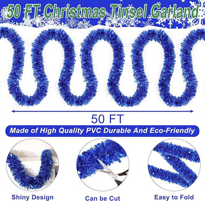 50 FT Blue Christmas Tinsel Garland Christmas Decorations for Xmas Tree Decor, Shiny Metallic Twist Hanging Tinsel Garlands for Stairs Mantle Fireplace Home Indoor Outdoor Holiday Party Supplies