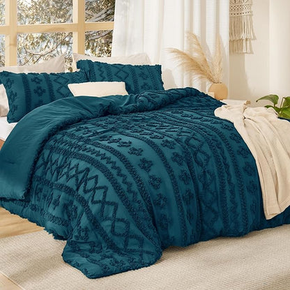 Bedsure Tufted Boho Comforter Set Queen Size - Teal Boho Bed Set, GentleSoft 3 Pieces Farmhouse Shabby Chic Embroidery Bedding, Gifts for Woman, Soft Jacquard Queen Comforter for All Seasons