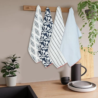 TARAN LIVING Kitchen Towels Dish Towels for Kitchen Tea Towels for Gifting Bar Towels for Kitchen Towels Hand Printed Dish Cloths - 18"x28"- Blue, Pack of 4