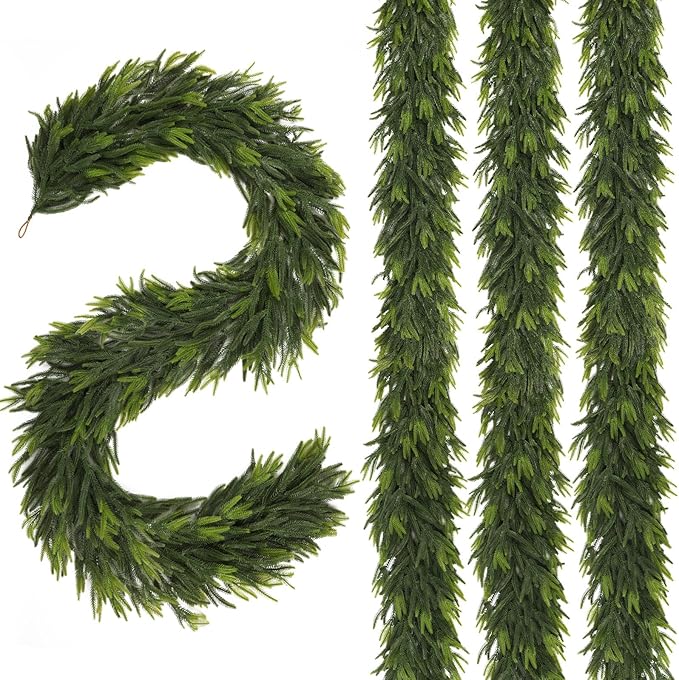 N&T NIETING 9FT Christmas Norfolk Pine Garland, Real Touch Pine Garlands Faux Greenery Garland Winter Christmas Garland for Table Mantle Holiday Indoor Outdoor Xmas Decorations (4 Pcs)