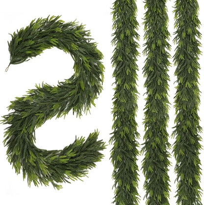 N&T NIETING 9FT Christmas Norfolk Pine Garland, Real Touch Pine Garlands Faux Greenery Garland Winter Christmas Garland for Table Mantle Holiday Indoor Outdoor Xmas Decorations (4 Pcs)