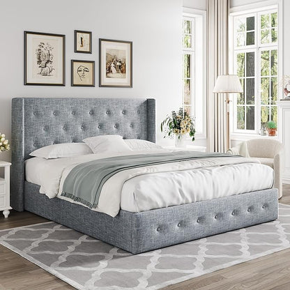Allewie Queen Size Lift Up Storage Bed, Button Tufted Headboard with Wingback, Hydraulic Support, No Box Spring Needed, Grey Blue