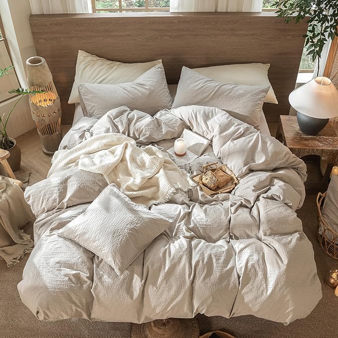 MooMee Wavy Striped Duvet Cover Set 100% Washed Cotton Linen Like Textured Breathable Durable Soft Comfy (Beige, Cal King 104"x98")