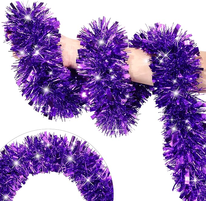 50 FT Purple Christmas Tinsel Garland Christmas Decorations for Xmas Tree Decor, Shiny Metallic Twist Hanging Tinsel Garlands for Stairs Mantle Fireplace Home Indoor Outdoor Holiday Party Supplies