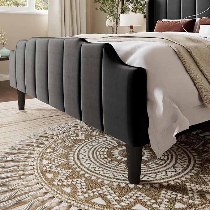 Allewie Vintage Queen Size Velvet Platform Bed Frame with Curved Vertical Tufted Wingback Headboard and Footboard, Charging Station, Easy Assembly, Under Bed Storage, No Box Spring Required, Black