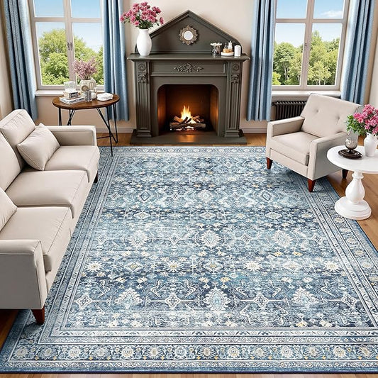 Lofus 8x10 Area Rug for Living Room,Blue Washable Area Rugs with Non-Slip Backing,Soft Boho Carpets for Bedroom Dining Room Home Office Indoor Nursery