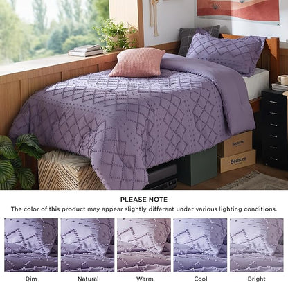 Bedsure Twin Comforter Set - Grayish Purple Boho Twin Comforter, Shabby Chic Dorm Bedding Set for Kids, 2 Pieces Modern Farmhouse Bed Set, Includes 1 Pillow Sham