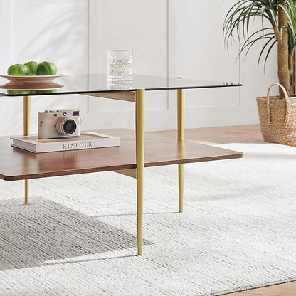 Square Coffee Table, Mid-Century Modern Design, L30 x W30 x H17 Inch, for Living Room, 2-Tier Structure, Amber Glass Top and Walnut Wood Shelf, Sleek Conical Metal Legs with Gold Finish