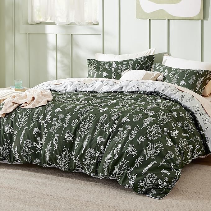 Bedsure Full Comforter Set - Dark Olive Green Bed Set, 3 Pieces Cute Floral Bedding, 1 Soft Reversible Botanical Flowers Comforter and 2 Pillow Shams