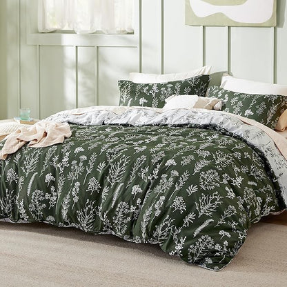 Bedsure Twin/Twin XL Comforter Set - Dark Olive Green Bed Set, 2 Pieces Cute Floral Bedding, 1 Soft Reversible Botanical Flowers Comforter and 1 Pillow Sham