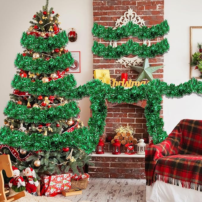 50FT Tinsel Christmas Garland Metallic Twist Garland Shiny Hanging Tinsel for Christmas Tree Party Supplies Indoor Outdoor Home Xmas Decoration (Green)