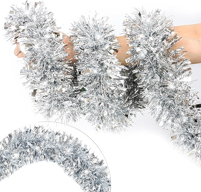 50 Feet Silver Christmas Tinsel Garland for Christmas Tree Decorations, Xmas Metallic Twist Shiny Hanging Garland Decor for Mantle Stairs Fireplace Home Holiday Indoor Outdoor