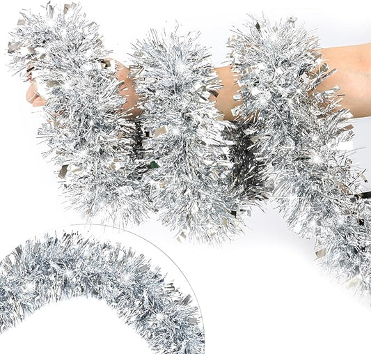 50 Feet Silver Christmas Tinsel Garland for Christmas Tree Decorations, Xmas Metallic Twist Shiny Hanging Garland Decor for Mantle Stairs Fireplace Home Holiday Indoor Outdoor