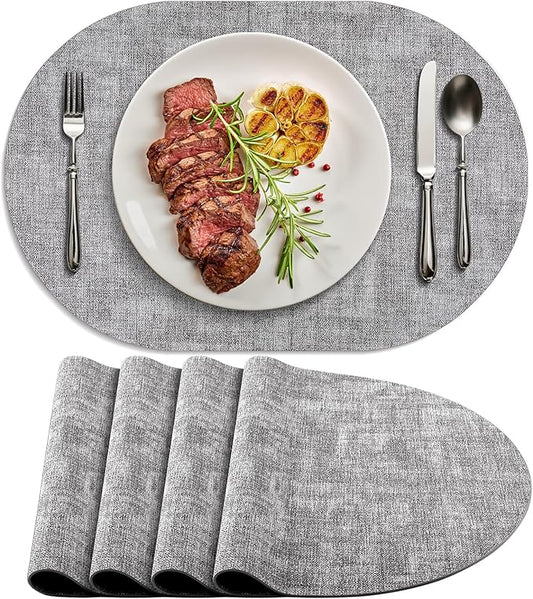 Placemats for Dining Table Set of 4 Non-Slip, Heat Resistant Oval Leather Placemat Double Layer, Waterproof Table Mats Easy to Clean for Kitchen Dining Room Coffee Office Table, Grey