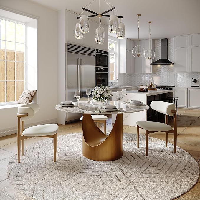 POVISON Round Glossy Pandora Dining Table for 4, 51" Sintered Stone Tabletop Dining Table with Bronze Carbon Steel Pedestal (Table Only)