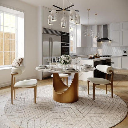 POVISON Round Glossy Pandora Dining Table for 4, 51" Sintered Stone Tabletop Dining Table with Bronze Carbon Steel Pedestal (Table Only)