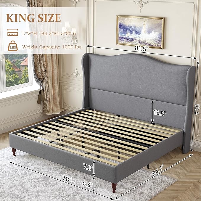 King Size Bed Frame Upholstered Platform Bed with 51" Tall Headboard Wingback, Soft Fabric, Retro Simple Style Platform Bed No Box Spring Needed, Easy Assembly, Grey