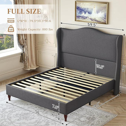 Full Size Bed Frame Upholstered Platform Bed with 51" Tall Headboard Wingback, Soft Fabric, Retro Simple Style Platform Bed No Box Spring Needed, Easy Assembly, Grey