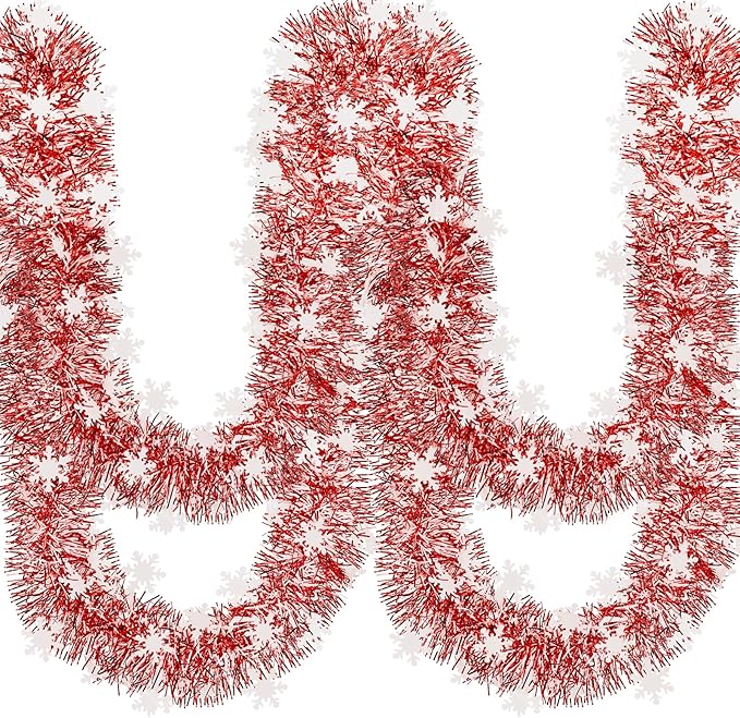 50Ft Christmas Red and Snowflake Tinsel Garland Metallic Twist Shiny Garland for Xmas Christmas Tree Ceiling Hanging Decorations Holiday Wedding Home Party Supplies Indoor Outdoor Decor