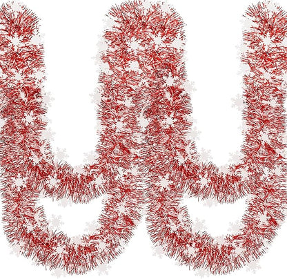 50Ft Christmas Red and Snowflake Tinsel Garland Metallic Twist Shiny Garland for Xmas Christmas Tree Ceiling Hanging Decorations Holiday Wedding Home Party Supplies Indoor Outdoor Decor