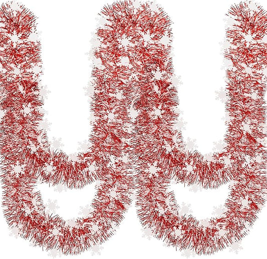 50Ft Christmas Red and Snowflake Tinsel Garland Metallic Twist Shiny Garland for Xmas Christmas Tree Ceiling Hanging Decorations Holiday Wedding Home Party Supplies Indoor Outdoor Decor