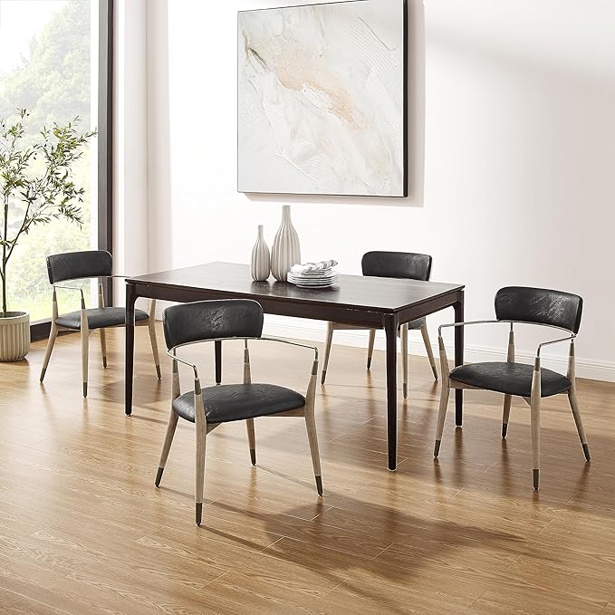 Art Leon Dining Chairs Set of 4 - Mid Century Modern Dining Room Chairs, Faux Leather Upholstered with Open Backrest, Wishbone Chair with Wood Legs, Black, CC084