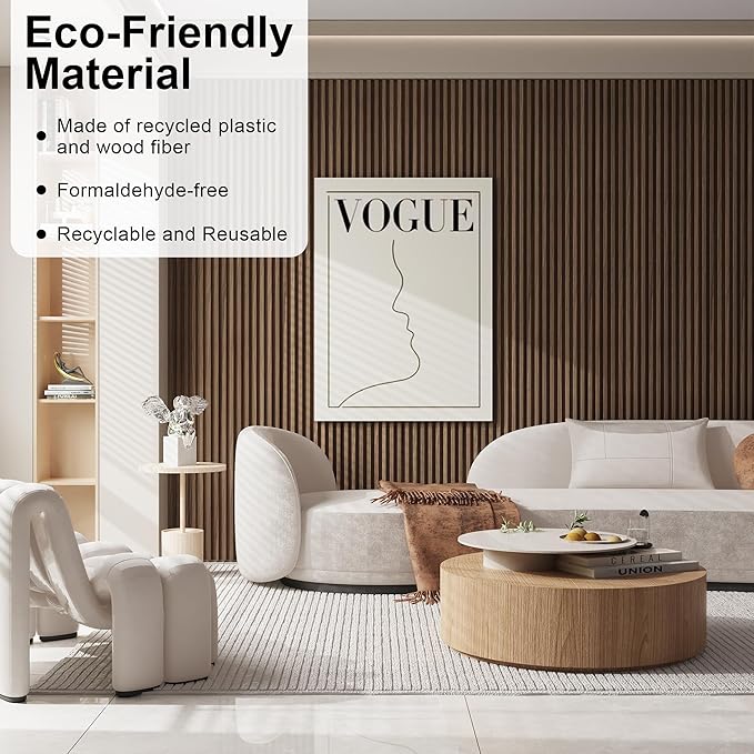 8-Pack WPC Wood Panels for Wall - 96 x 6.6 Inch 3D Acoustic Wall Panels, Water-Proof and Easy Installation, Accent Slat Wall Paneling for Living Room, Office, Walnut