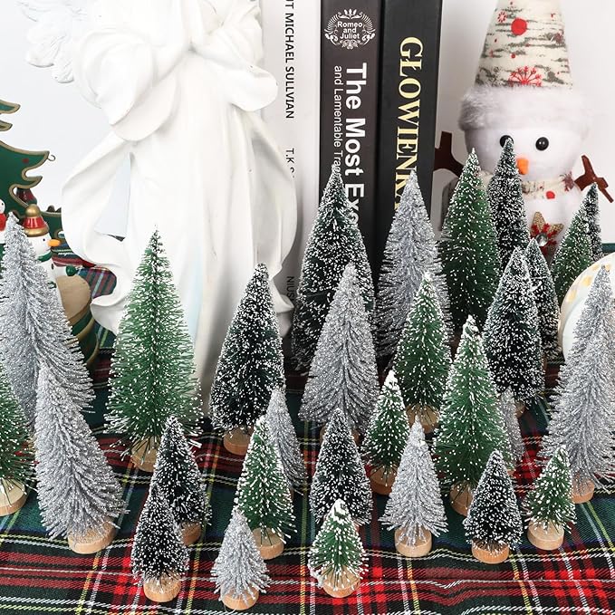 30Pcs Mini Christmas Trees - Artificial Christmas Tree Bottle Brush Trees with 5 Sizes, Snow Trees with Wooden Base for Christmas Party Home Table Craft Decor (Silver+Green+DarkGreen)