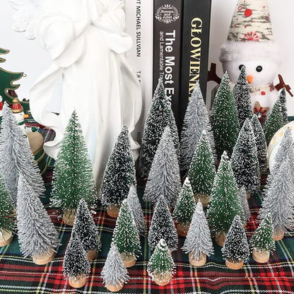 30Pcs Mini Christmas Trees - Artificial Christmas Tree Bottle Brush Trees with 5 Sizes, Snow Trees with Wooden Base for Christmas Party Home Table Craft Decor (Silver+Green+DarkGreen)