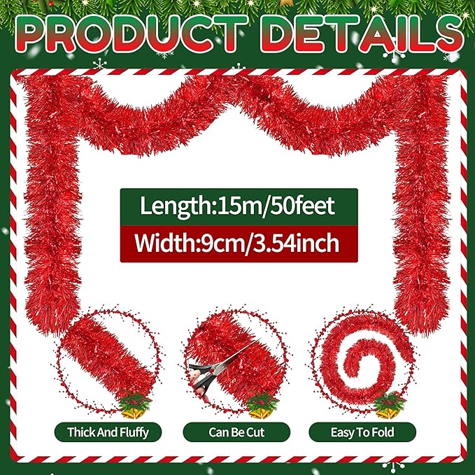 50 Ft Christmas Tinsel Garland Red Thick Tinsel Garland Xmas Tree Decorations Metallic Tinsel Twist Garland for Christmas, Birthday, Party Decor Indoor Outdoor Party Supplies