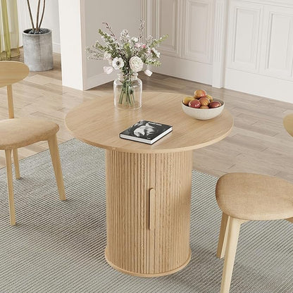 31.5" Round Dining Table for 2-4, Modern Farmhouse Kitchen Table with 2-Tier Storage Shelf, Small Wooden Circle Dining Tables with Fluted Base for Home Dining Room Living Room (Natural)