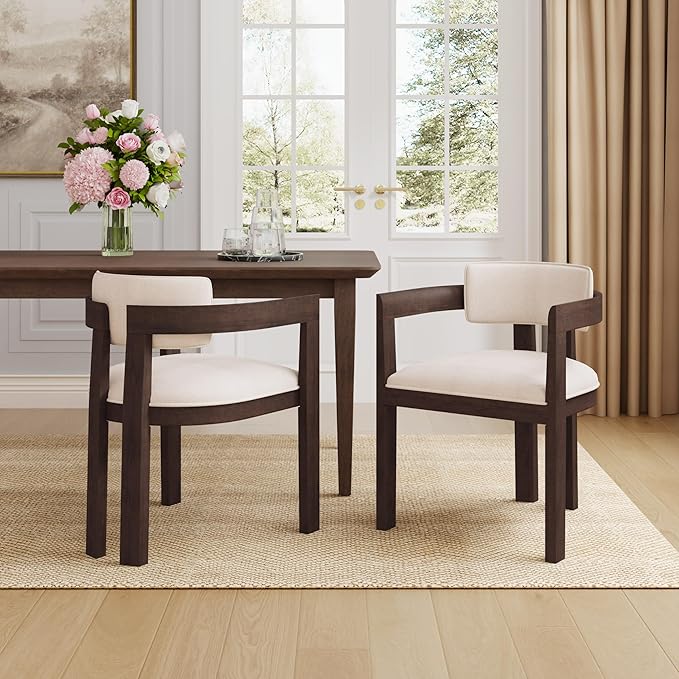 Christopher Knight Home Falcon Fabric Upholstered Dining Chairs Set of 2, Modern Wooden Dining Curved Backrest Kitchen Side Chair, Living Room for Extra Seat, Walnut+Beige