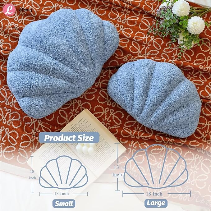 Dusty Blue Seashell Throw Pillows, Shell Shaped Throw Pillows, 13 Inch Soft Home Decorative Pillow Plush Cushion for Bed Couch Living Room Decor Accent Throw Pillow