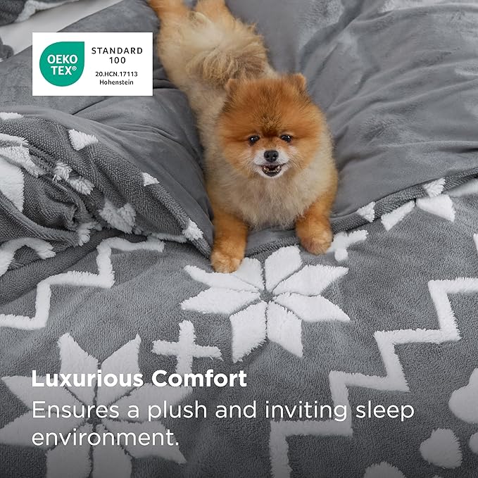 Bedsure Fluffy Duvet Cover Set - Ultra Soft Plush Shaggy Comforter Cover King Size, Warm Flannel Fleece Bed Sets for Winter, 3 Pieces, Snowflake Pattern, Grey