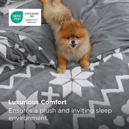 Bedsure Fluffy Duvet Cover Set - Ultra Soft Plush Shaggy Comforter Cover King Size, Warm Flannel Fleece Bed Sets for Winter, 3 Pieces, Snowflake Pattern, Grey