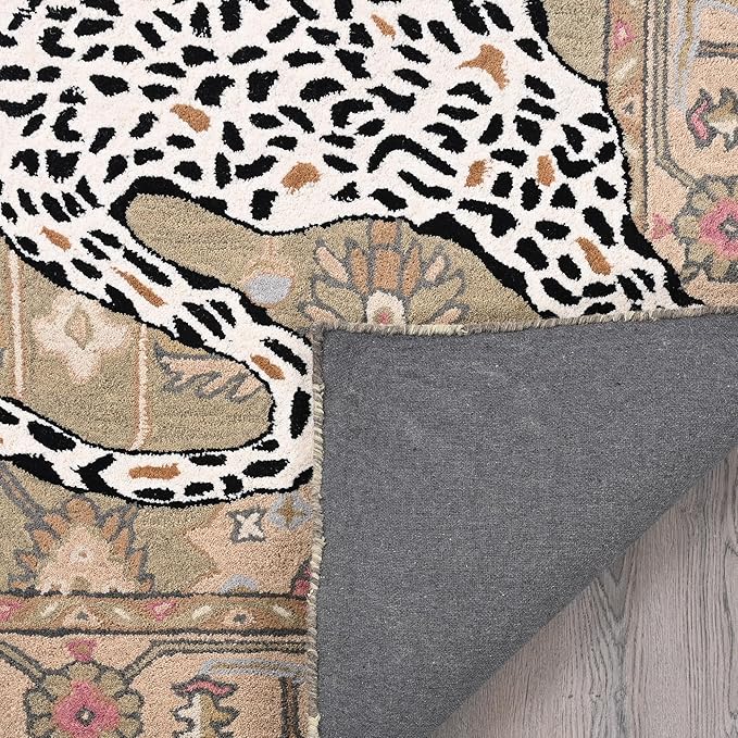 Handmade Leopard Wool Area Rug with Traditional Oushak Motif – Exquisite Animal Print Cheetah Rugs for Living Room, Bedroom | Plush Texture, Vintage Style, Thick & Durable Carpet (Neutral, 9' x 12')