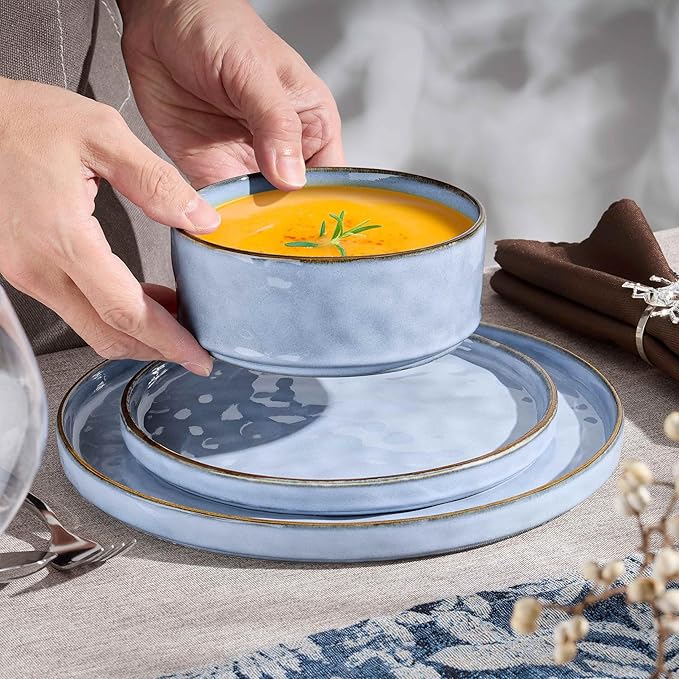 Herogo 24 Pieces Dinner Plates and Bowls Sets for 8, Stoneware Dinnerware Sets for Kitchen Dining, Reactive Glaze, Dishwasher & Microwave Safe, Haze Blue