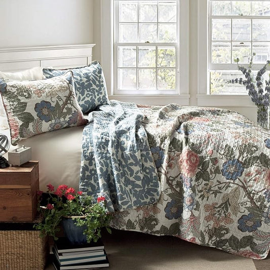Lush Decor Sydney Reversible Cotton Quilt Set King/California King 3 Piece Bedding, Green Blue