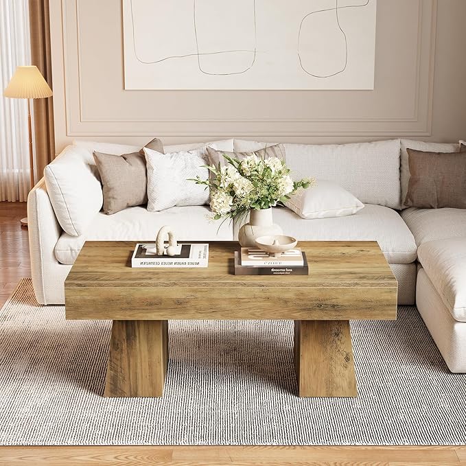 LITTLE TREE Farmhouse Coffee Table, 47 Inches Wooden Rectangular Accent Center Tables with Thick Base, Modern Low Cocktail Tea Furniture for Living Room (Rustic Brown)